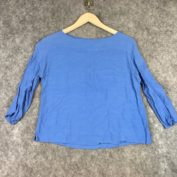 J Jill Top XSP Boat Neck 3/4 Sleeve Side Slit Pullover Woven Crepe Solid Blue - Picture 1 of 14